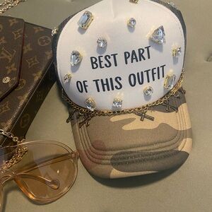Custom “Best Part Of This Outfit “ Camo Trucker Hat With Gold Accents.